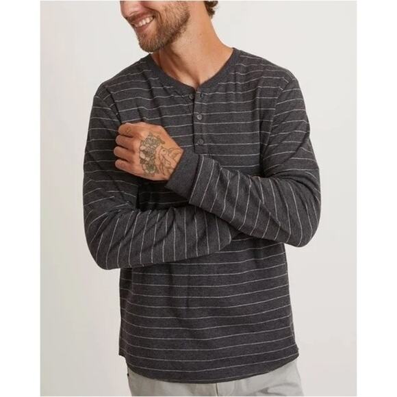 MARINE LAYER NWT Augusta Double Knit Henley Heather Gray/Light Blue Stripe Sz L - Picture 1 of 7